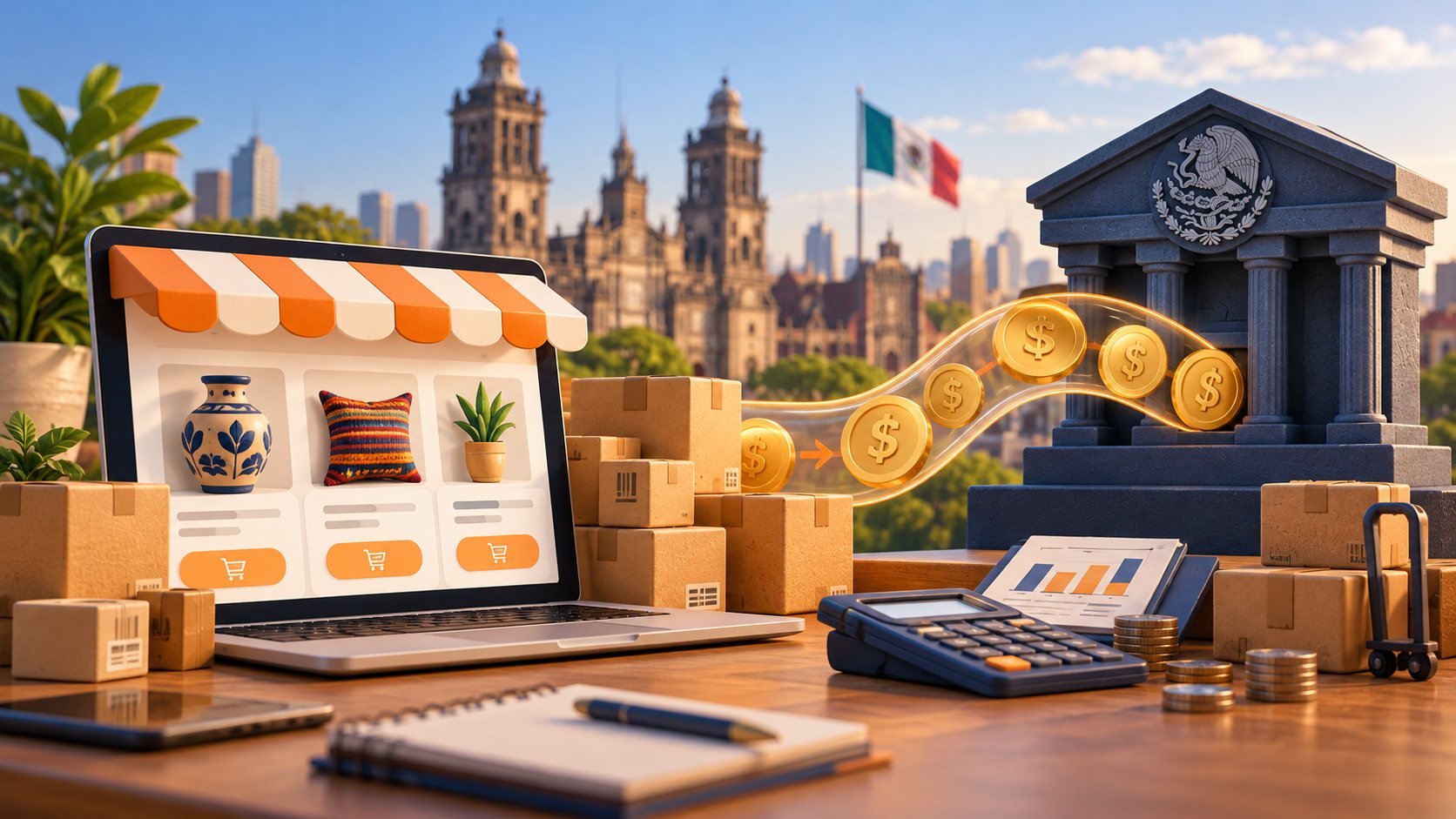 Tienda en línea en una laptop con monedas que fluyen hacia un edificio de gobierno en la Ciudad de México
